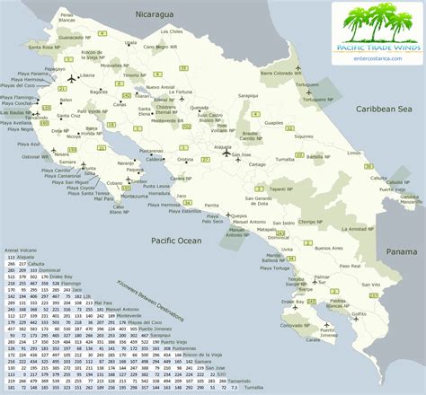 costa rica travel map with distances